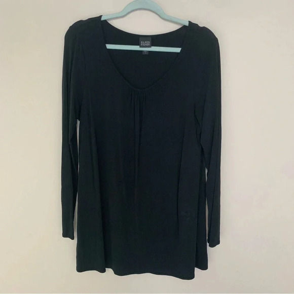 Eileen Fisher Silk Black  Long Sleeve Scoop Neck Tunic Top L - Picture 1 of 7